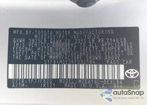 2024 Toyota Corolla Le from USA, damaged, VIN 5YFB4MDE3RP092184